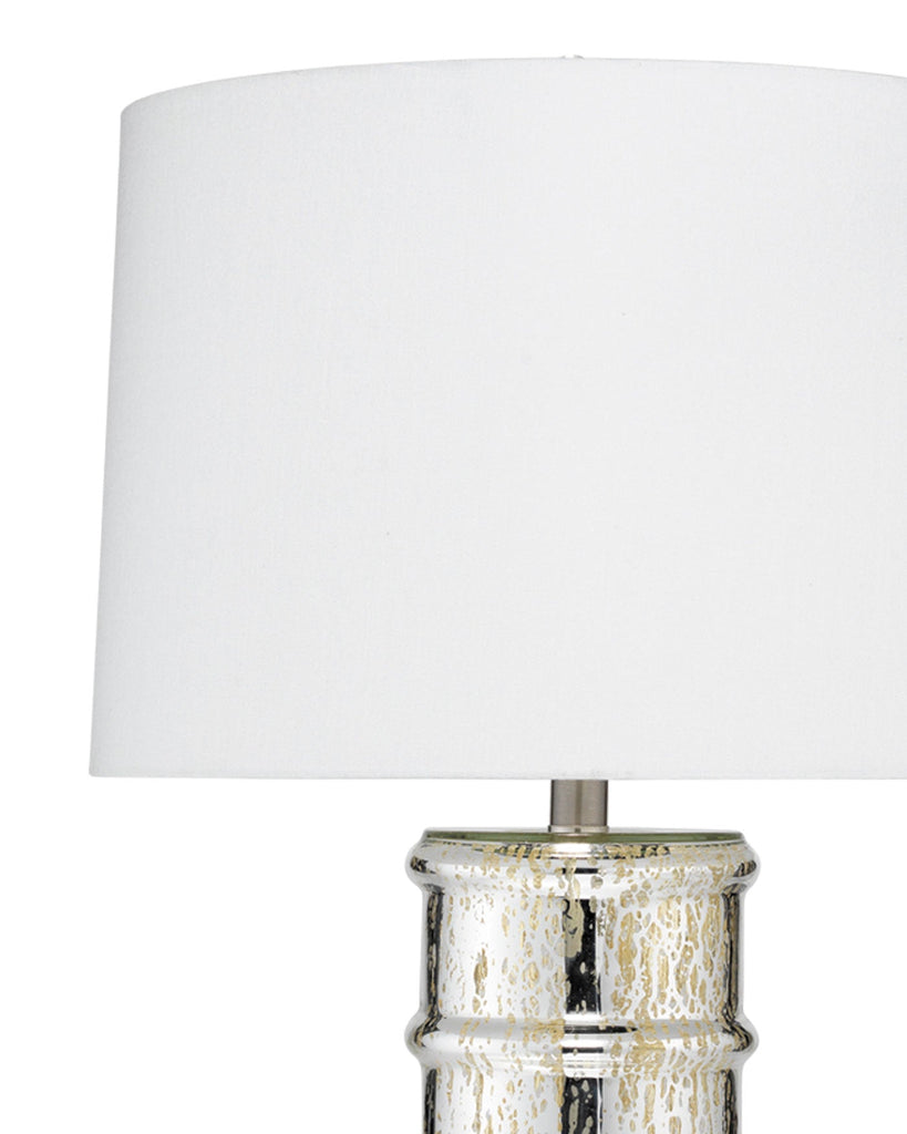 Irene Table Lamp in Silver Mercury Glass With Tapered Shade in Off White Linen