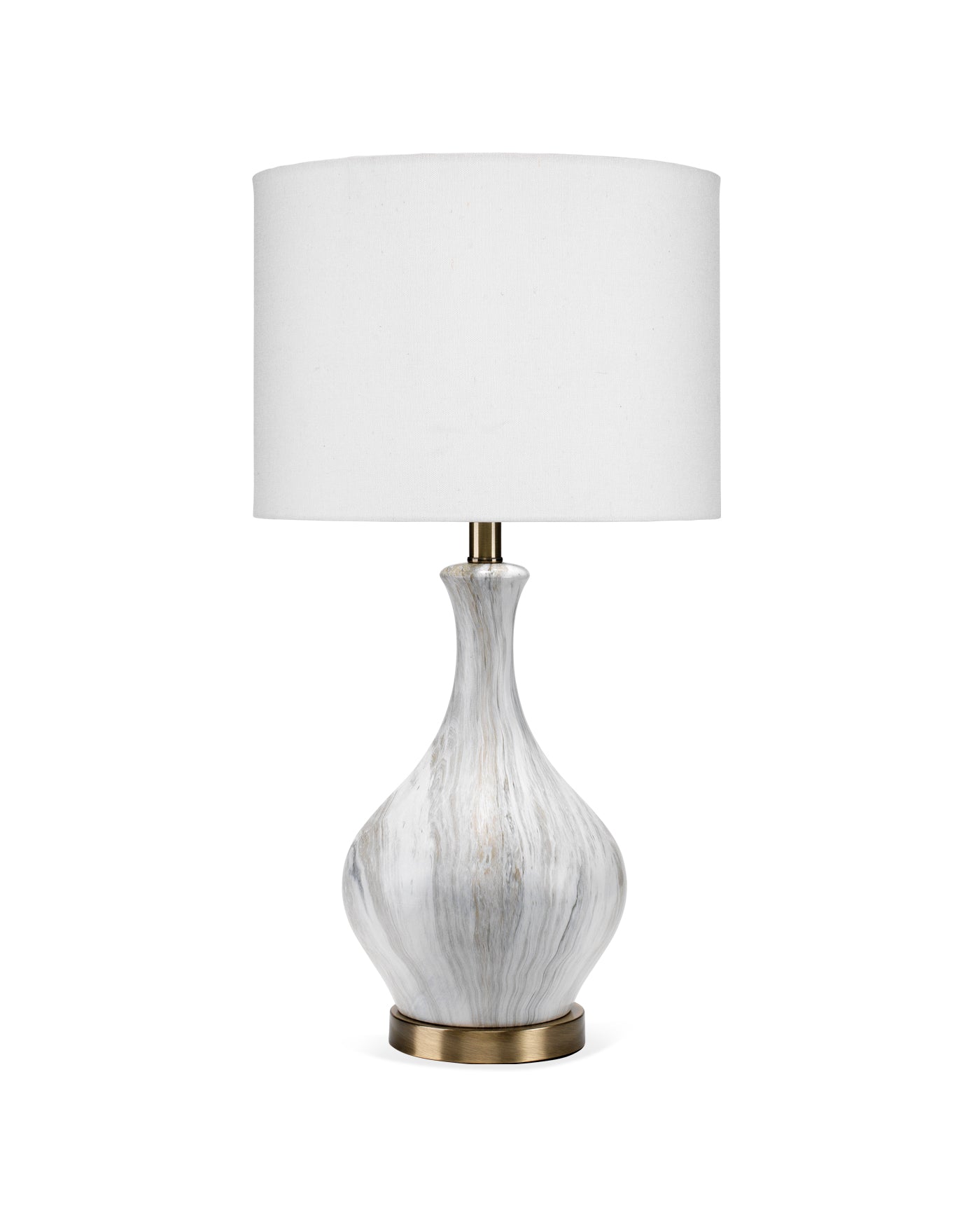 Mila Table Lamp in White & Grey Marbled Ceramic With Drum Shade in White Linen