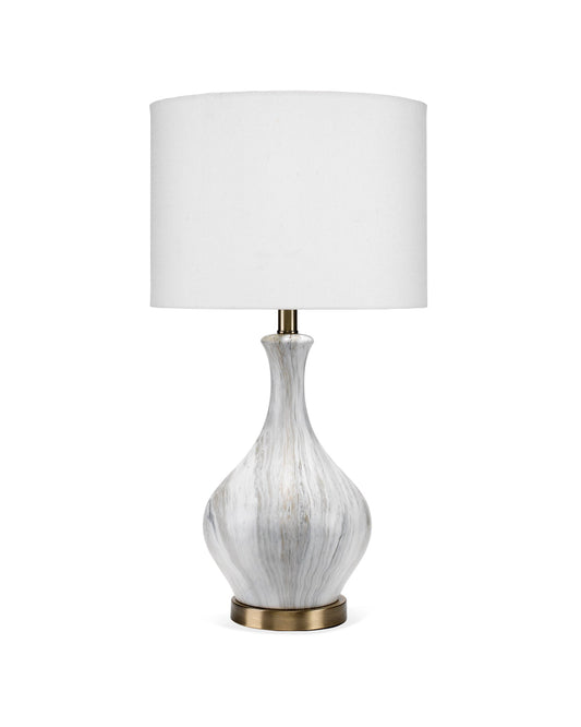 Mila Table Lamp in White & Grey Marbled Ceramic With Drum Shade in White Linen