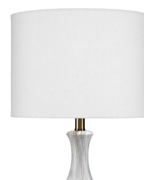 Mila Table Lamp in White & Grey Marbled Ceramic With Drum Shade in White Linen