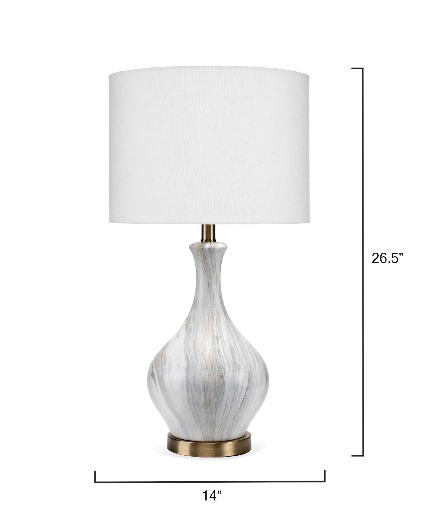 Mila Table Lamp in White & Grey Marbled Ceramic With Drum Shade in White Linen