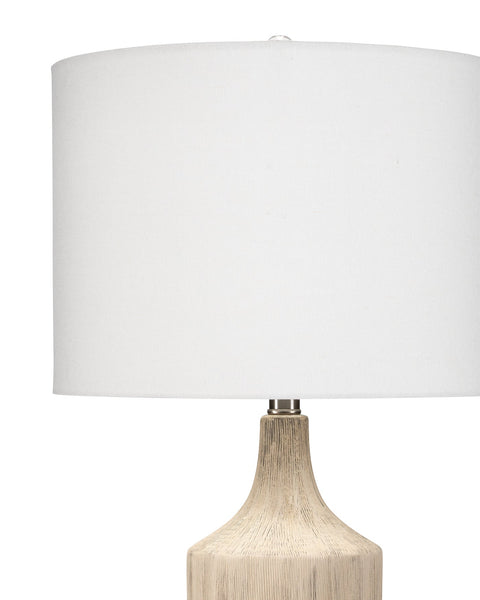 Zara Table Lamp in Natural Textured Ceramic With Drum Shade in Off White Linen