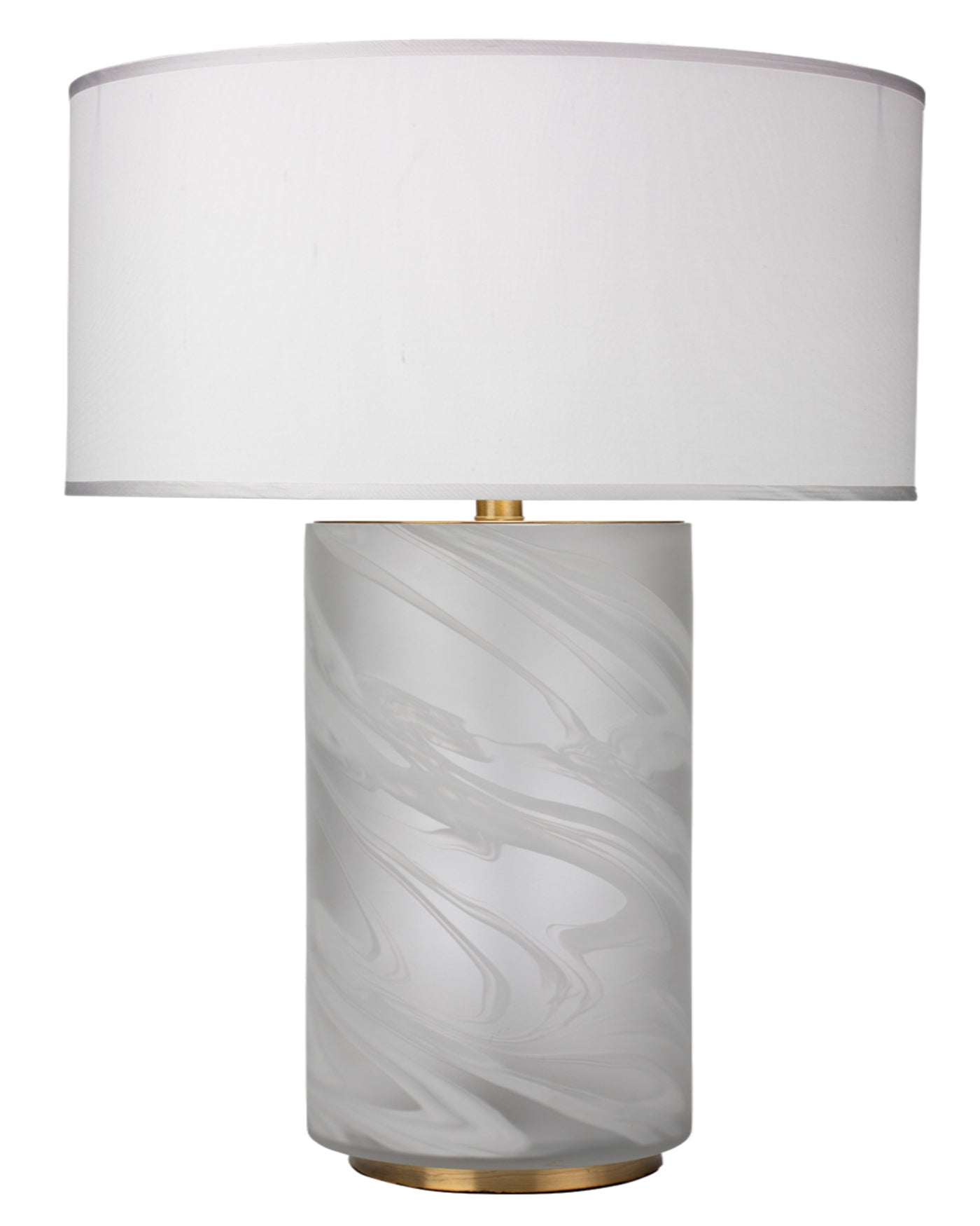 Streamer Table Lamp, Large in White Swirl Glass With Large Drum Shade in White Linen