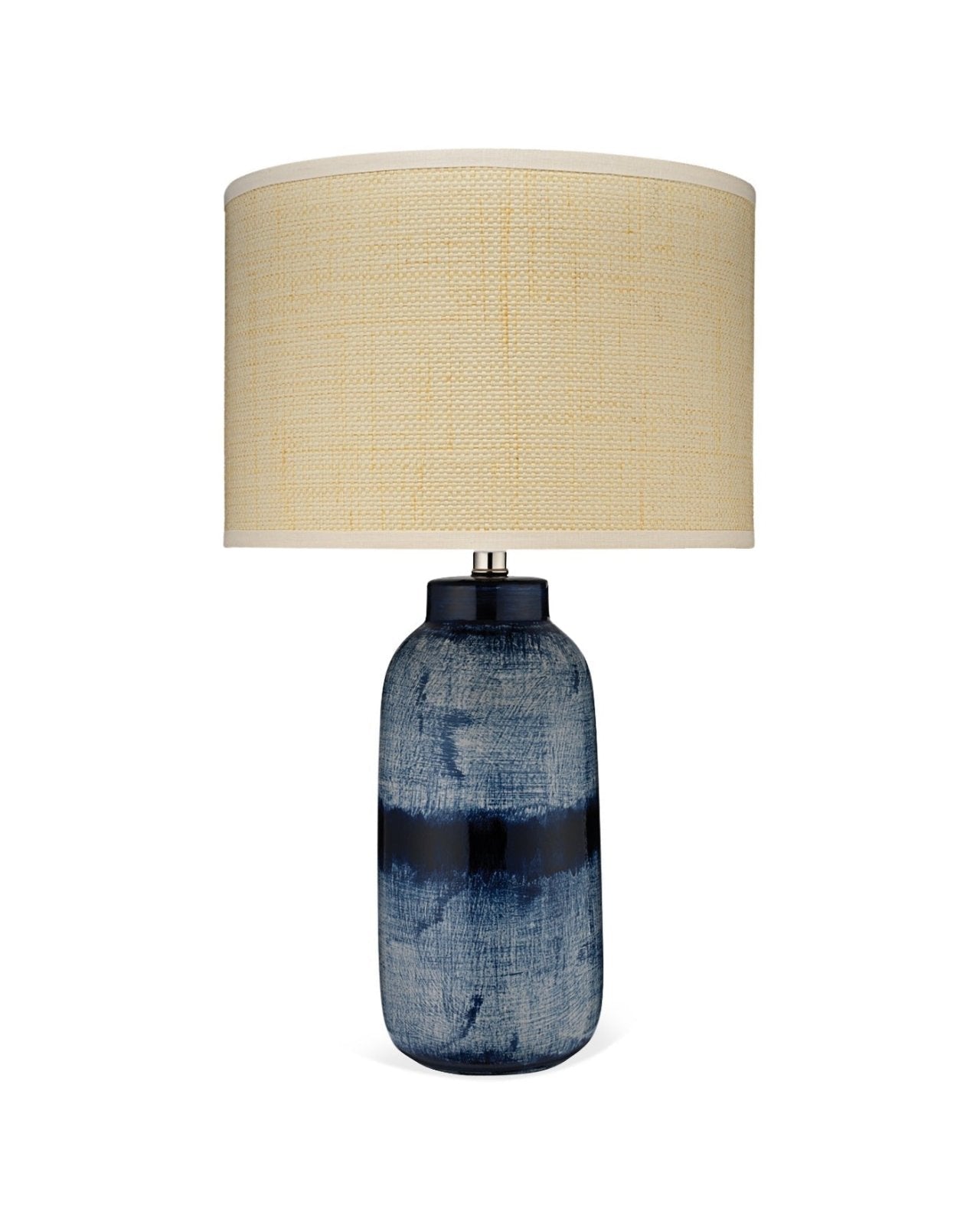 Batik Table Lamp, Large in Indigo Ceramic With Drum Shade in Raffia