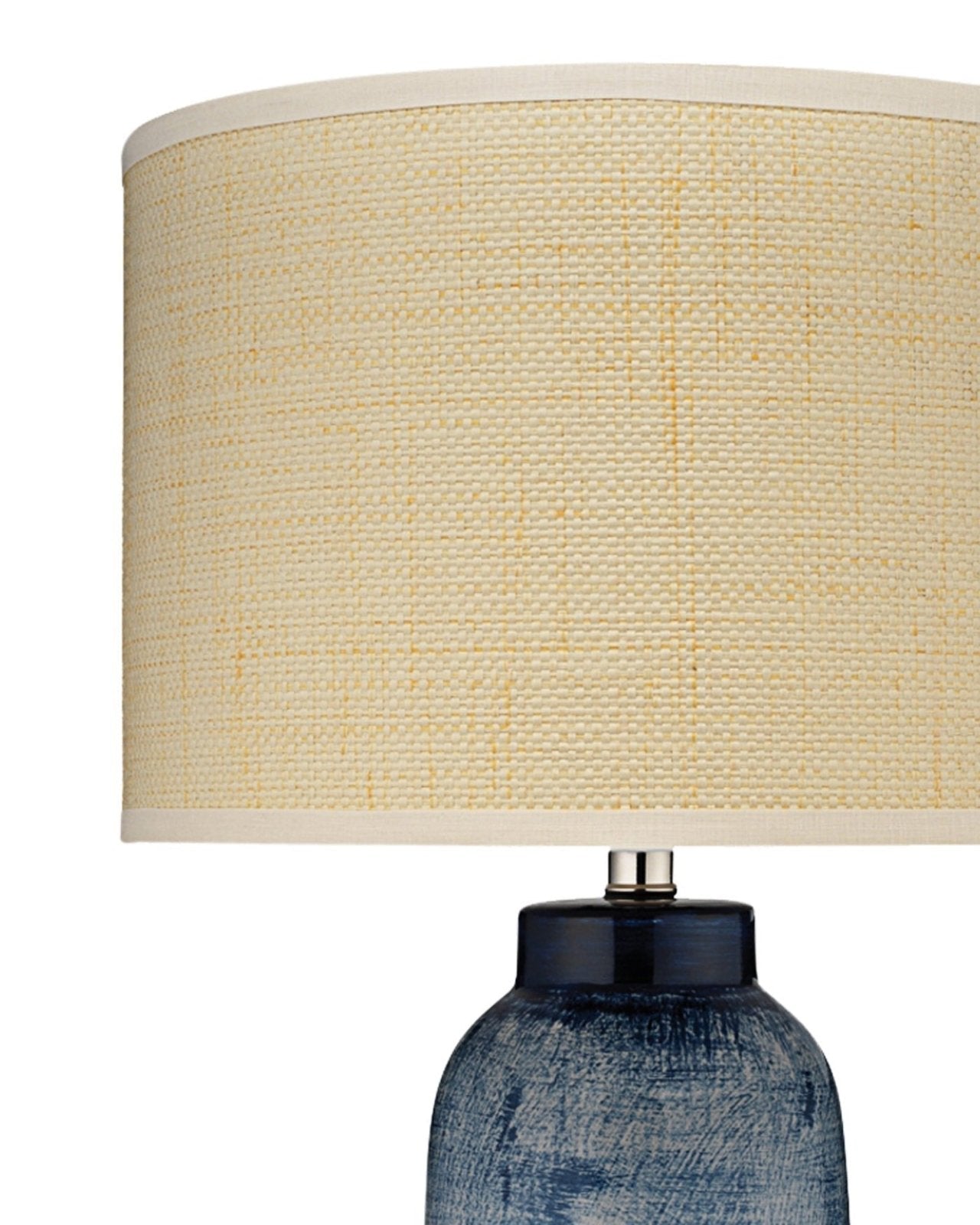 Batik Table Lamp, Large in Indigo Ceramic With Drum Shade in Raffia