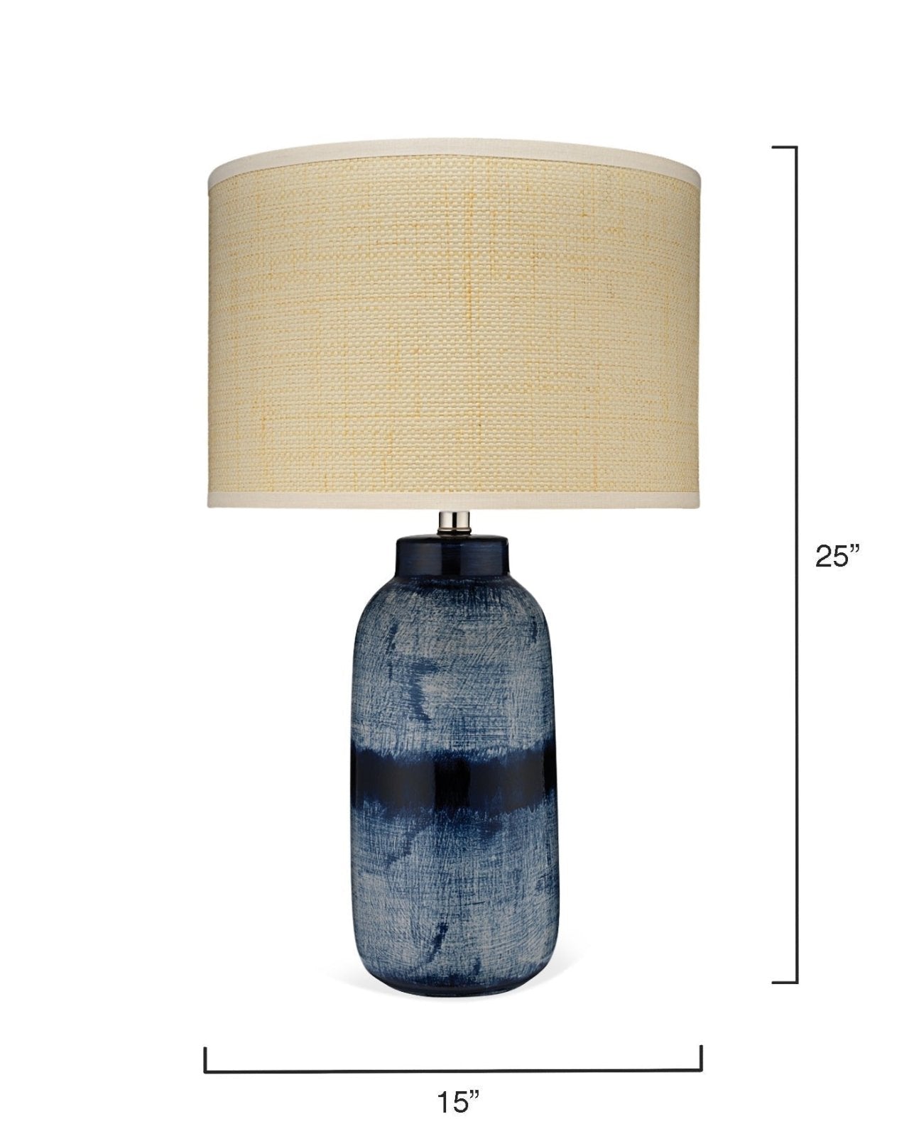 Batik Table Lamp, Large in Indigo Ceramic With Drum Shade in Raffia