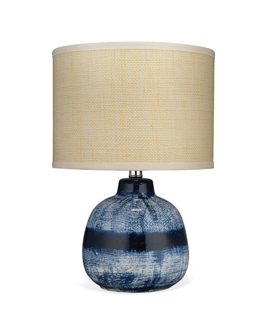 Batik Table Lamp, Small in Indigo Ceramic With Drum Shade in Raffia