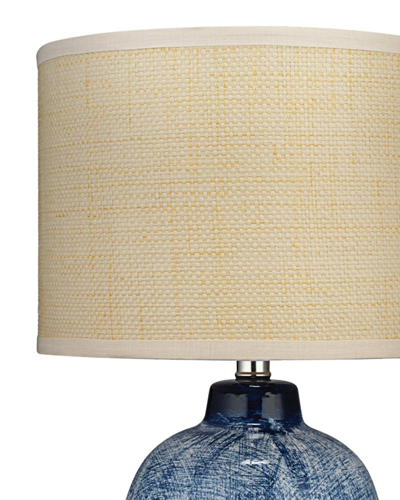 Batik Table Lamp, Small in Indigo Ceramic With Drum Shade in Raffia