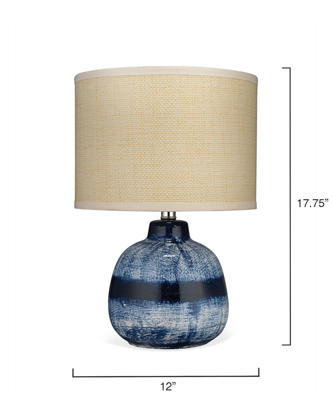 Batik Table Lamp, Small in Indigo Ceramic With Drum Shade in Raffia