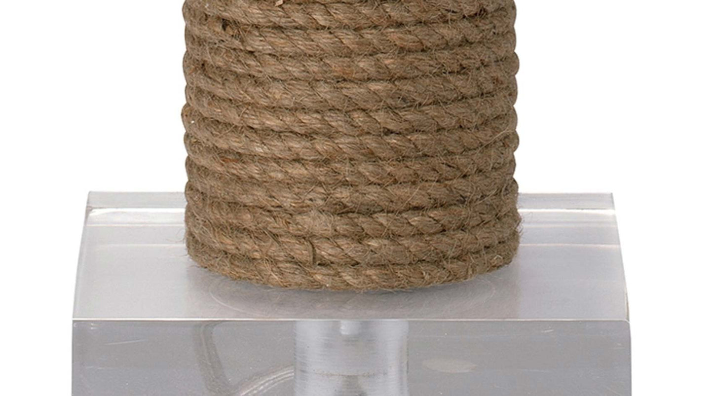 Cylinder Rope Table Lamp in Jute With Medium Drum Shade in White Linen With Natural Burlap Trim