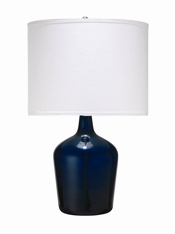 Plum Jar Table Lamp, Medium in Navy Blue Glass With Classic Drum Shade in Raffia