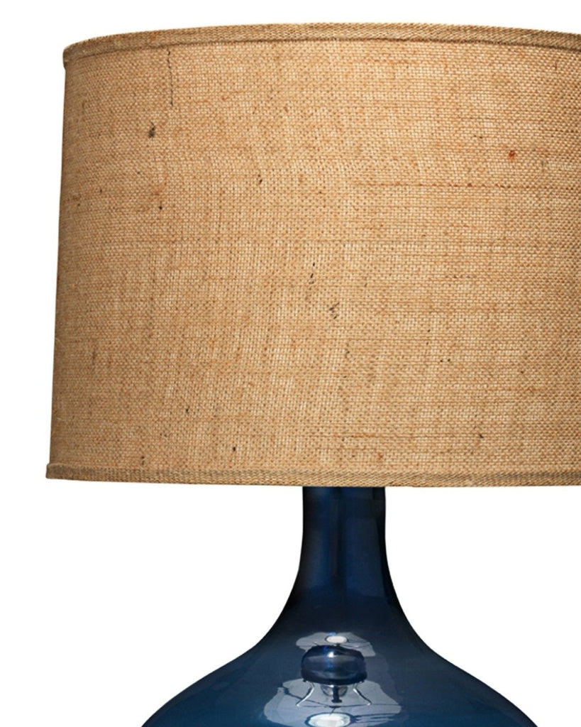 Plum Jar Table Lamp, Extra Large in Navy Blue Glass With Large Drum Shade in Natural Burlap